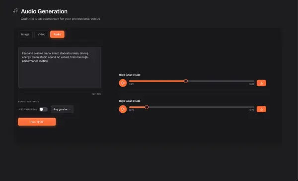 Xroad Studio AI audio generation workspace showing text-to-music prompt, genre controls, and original music output — copyright-free AI music generator for video creators