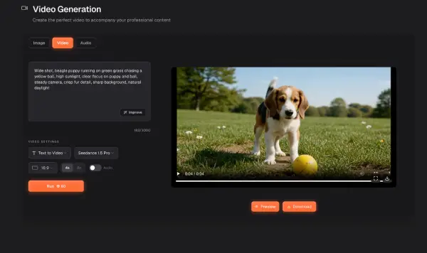 Xroad Studio AI video generation workspace showing text-to-video prompt editor, model selector, and cinematic video output — professional AI video generator for creators