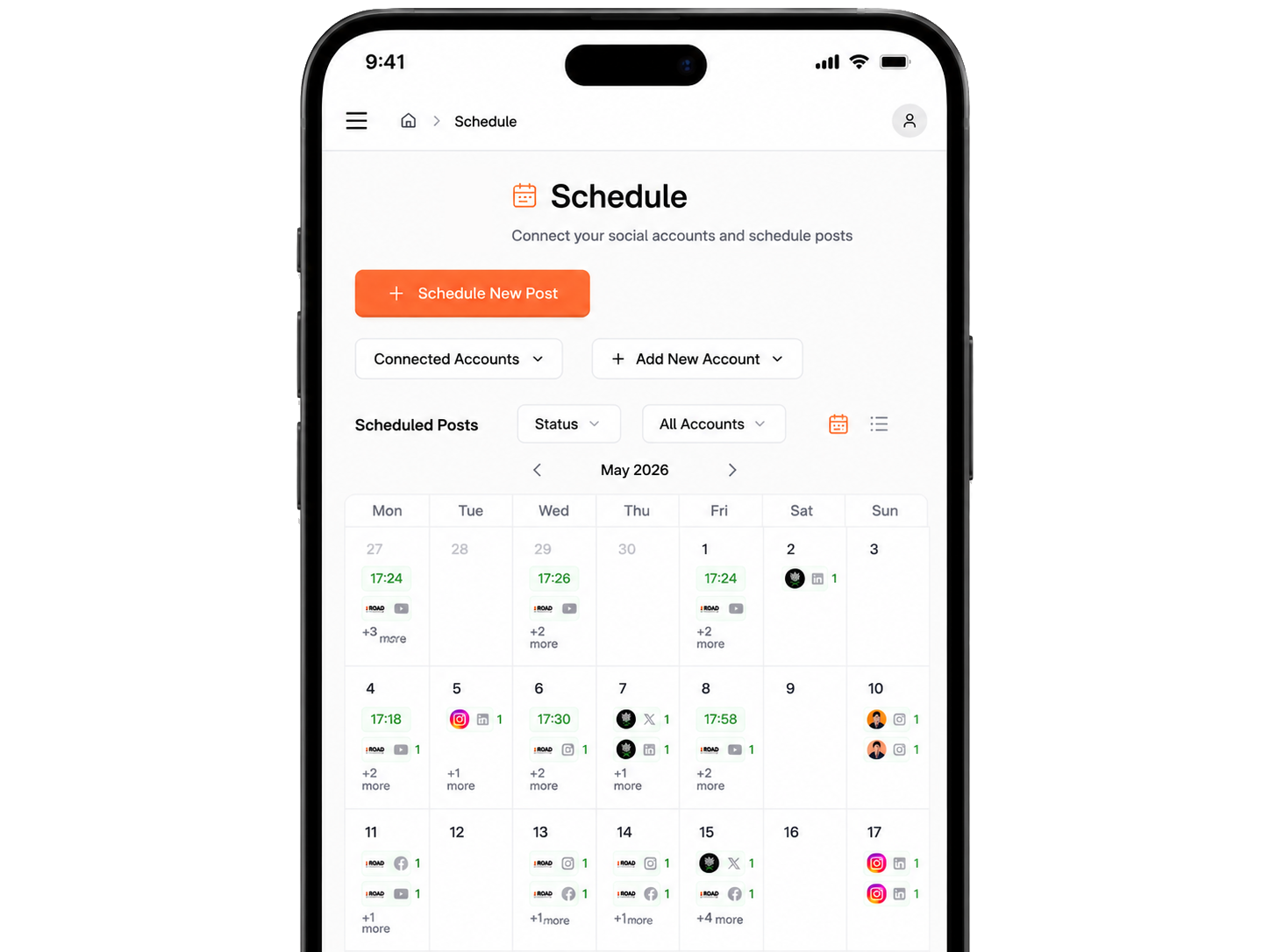 Xroad Studio dashboard showing scheduled, published, and tracked social media posts across multiple platforms