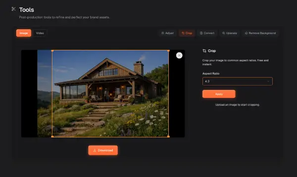 Xroad Studio image post-production tools showing crop, upscale, background removal and format conversion — browser-based AI image editing tools for professionals