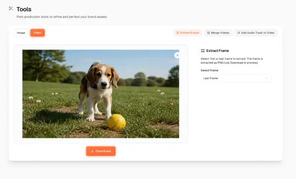 Xroad Studio video post-production tools showing extract frame, merge videos, and add audio track features — browser-based AI video editing tools for content creators